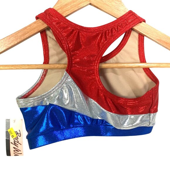 Body Wrappers Girls Cheer Dance Red Silver Blue Metallic Racerback Top L 8-10 - Picture 2 of 7